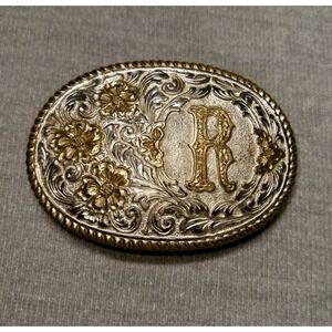 Vtg Crumrine Western Floral Belt Buckle Silver Gold "R" Initial
